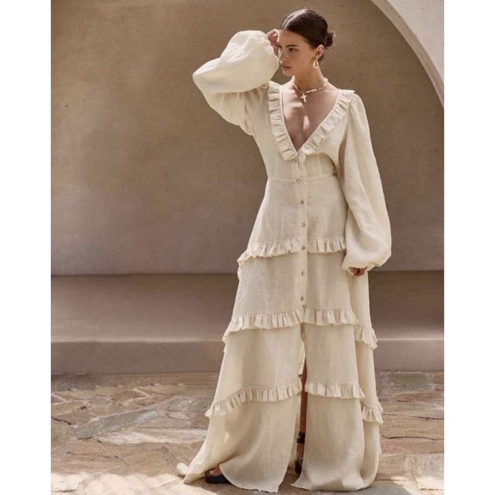 Commense Ivory Ruffle Tiered Long Sleeve Maxi Dress